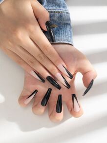 Instantly Upgrade Your Look with 24pcs Long Coffin Black Solid French Glossy Colorblock Fake Nail & 1pc Nail File & 1sheet Nail Tape