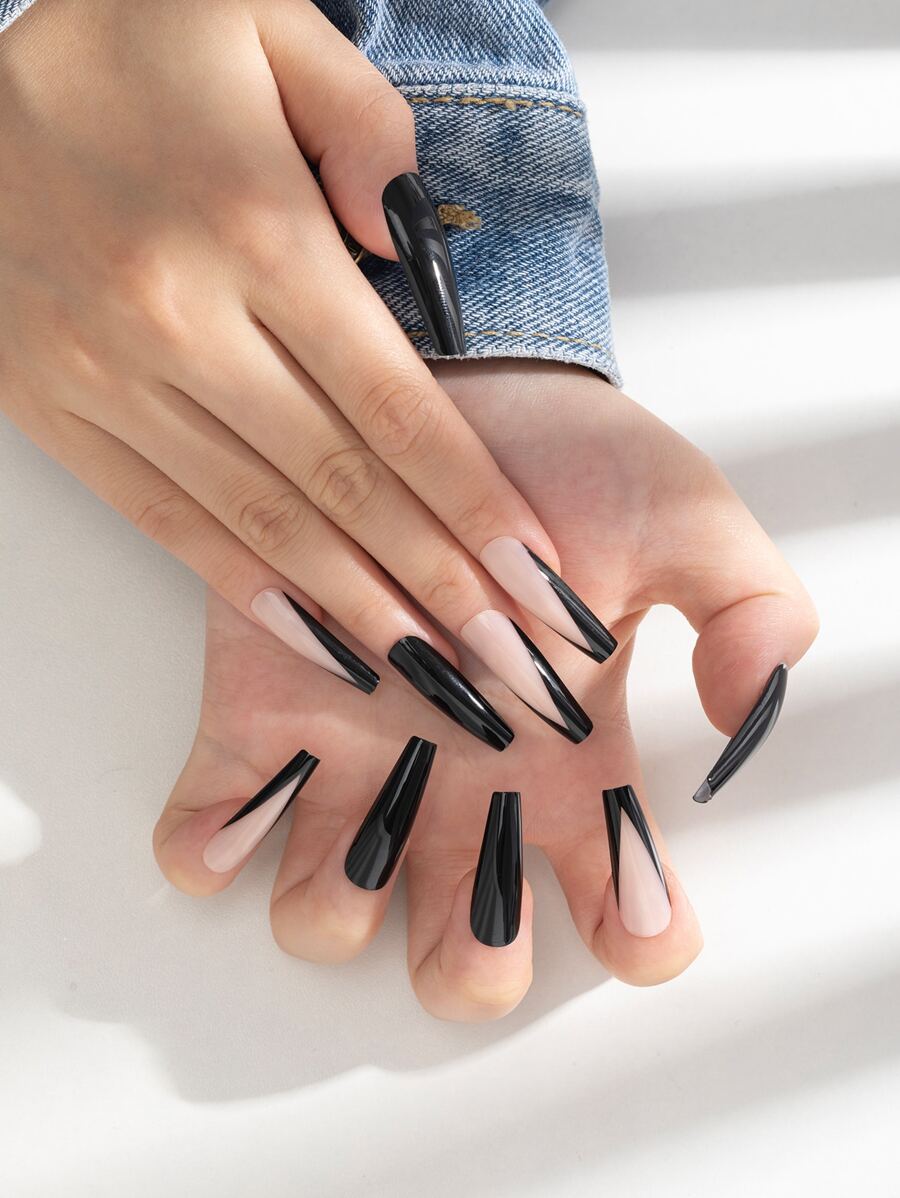 Instantly Upgrade Your Look with 24pcs Long Coffin Black Solid French Glossy Colorblock Fake Nail & 1pc Nail File & 1sheet Nail Tape