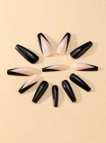 Instantly Upgrade Your Look with 24pcs Long Coffin Black Solid French Glossy Colorblock Fake Nail & 1pc Nail File & 1sheet Nail Tape