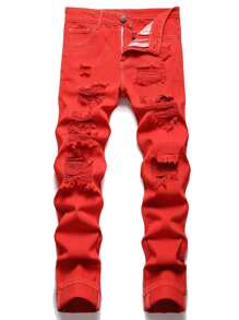 Quần Jeans Nam Ôm Dáng Rách Rách Xỉn - Đỏ - Xem 1