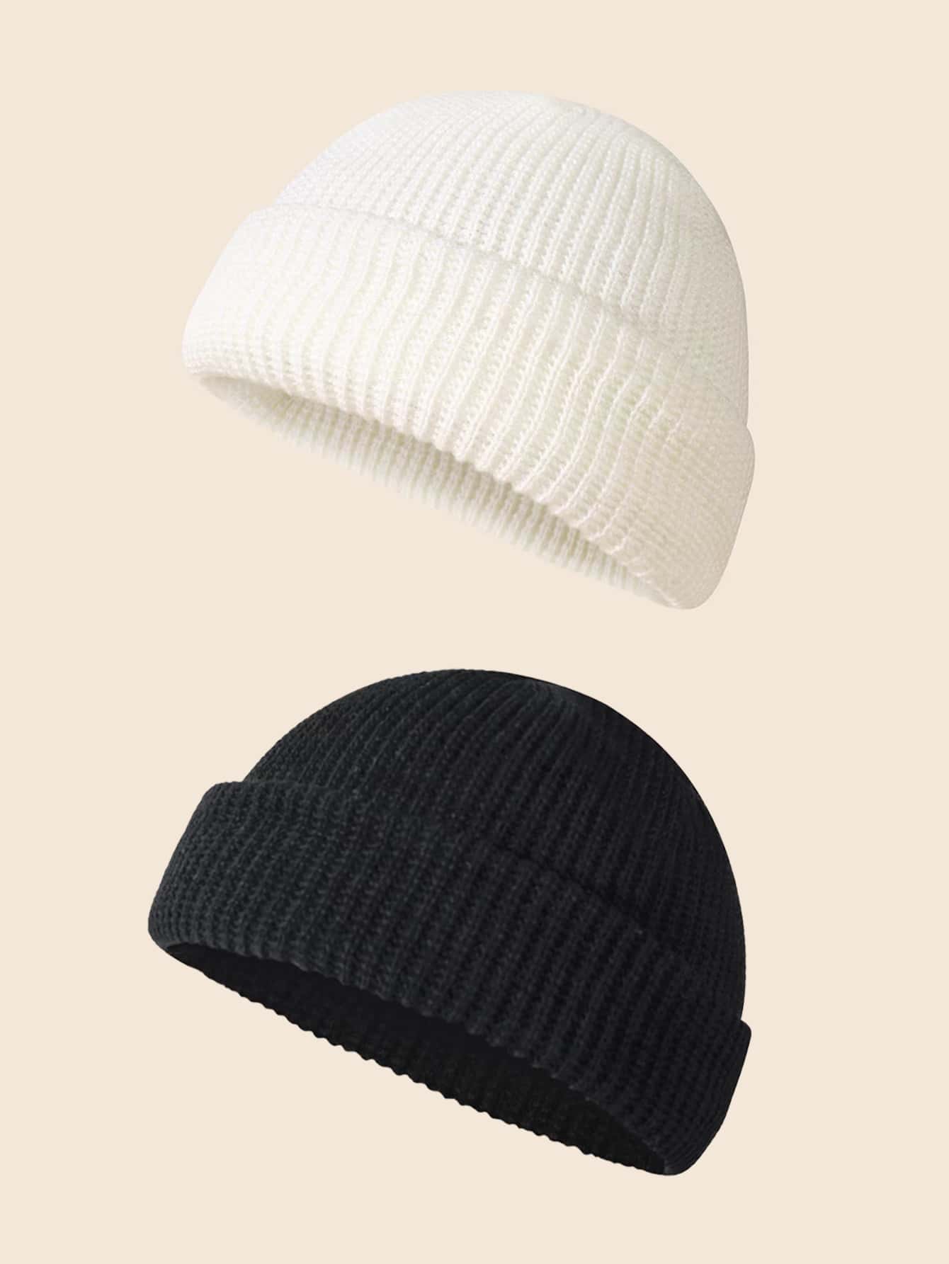 2pcs Men Solid Beanie Casual - Black and White - View 1
