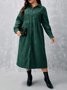 SHEIN Clasi Plus Flap Pocket Shirt Dress - Dark Green - View 1