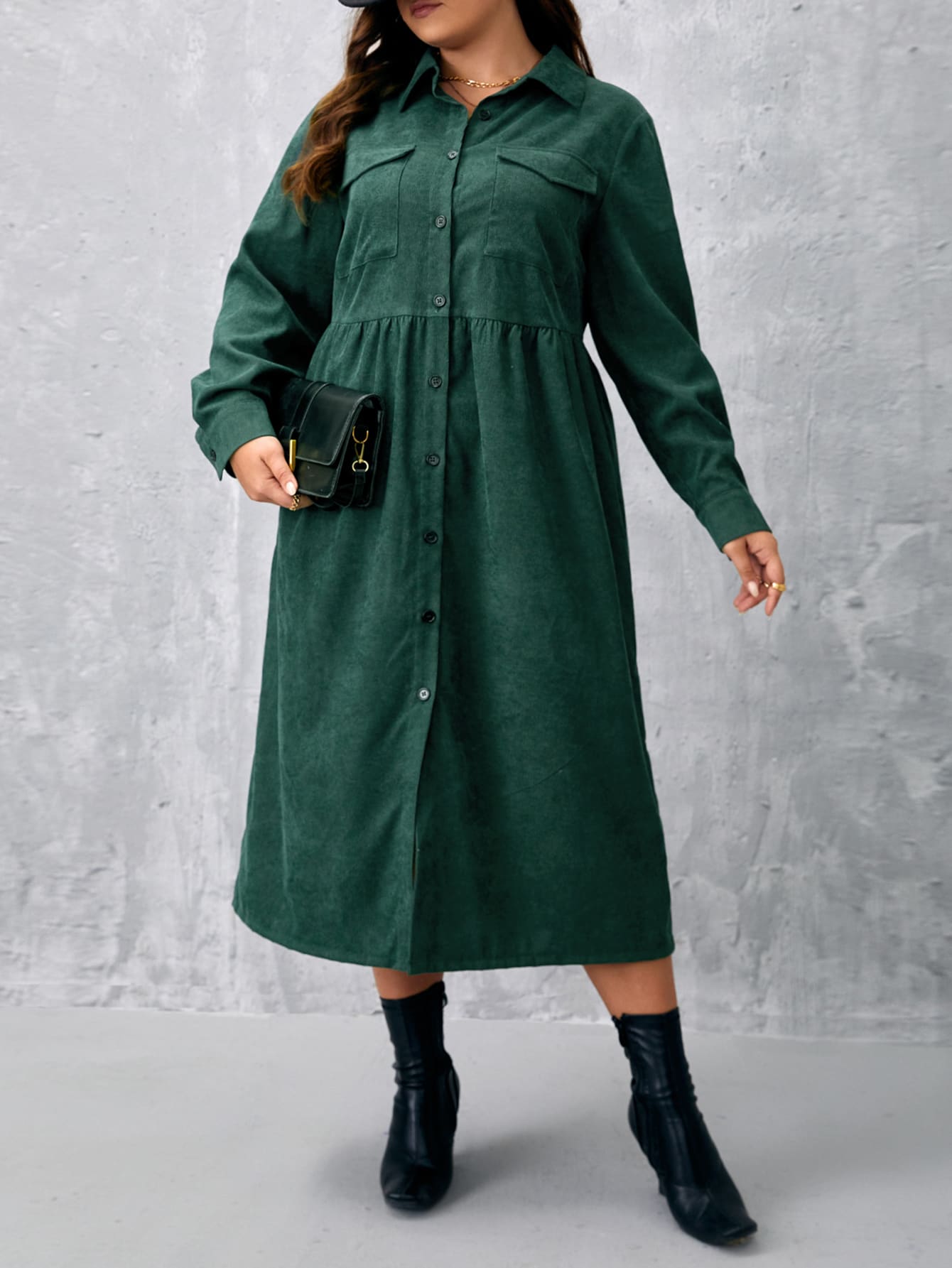 SHEIN Clasi Plus Flap Pocket Shirt Dress - Dark Green - View 1