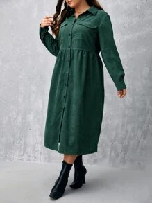 SHEIN Clasi Plus Flap Pocket Shirt Dress - Dark Green - View 3