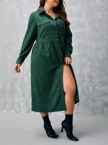SHEIN Clasi Plus Flap Pocket Shirt Dress - Dark Green - View 4