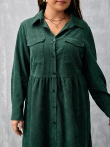 SHEIN Clasi Plus Flap Pocket Shirt Dress - Dark Green - View 5