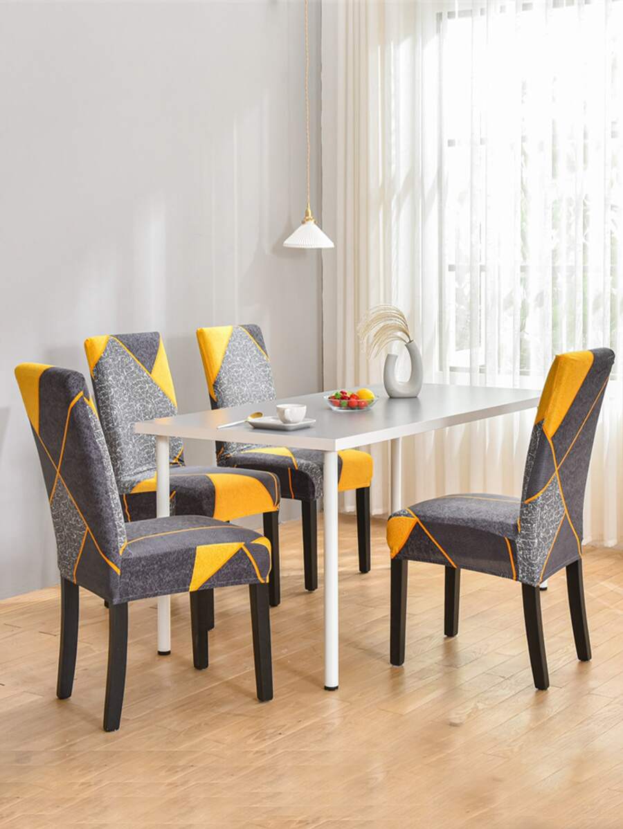 1/4/6pcs Geometric Pattern Elastic Dining Chair Covers, Printed Slipcovers Suitable For Home Decor, Hotel, Restaurant And Party, Milk Silk Chair Protector - Multicolor - View 1