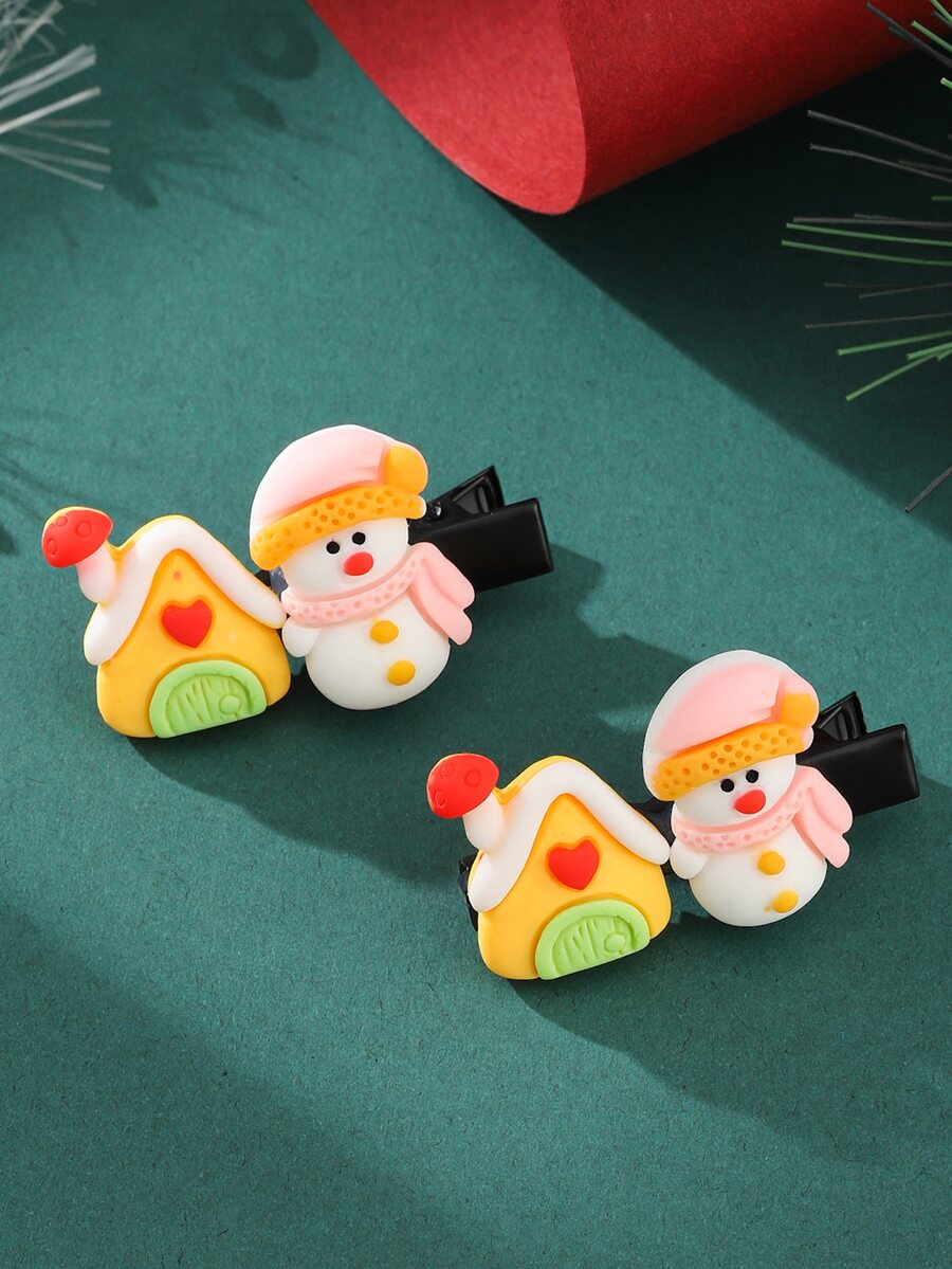 2pcs Houses & Snowman Decor Alligator Hair Clip - Multicolor - View 1