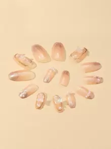 用24入組長棺材珍珠閃光蝴蝶裝飾假指甲和1張膠帶和1入組指甲銼升級您造型 - 彩色 - 查看 5