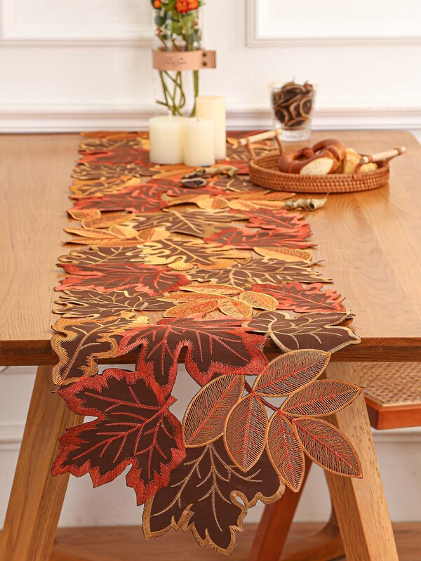Maple Leaf Embroidered Table Runner SHEIN USA