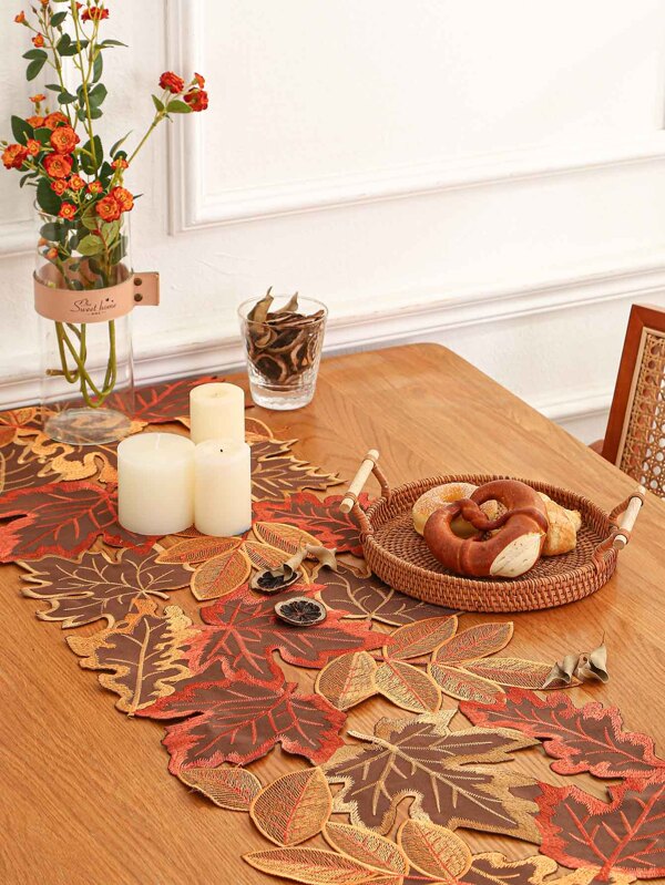 Maple Leaf Embroidered Table Runner SHEIN USA