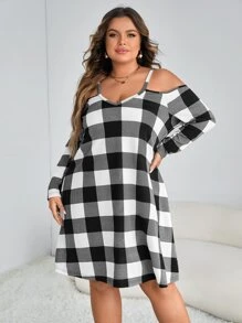SHEIN LUNE Plus Buffalo Plaid Print Cold Shoulder Dress - Black and White - View 1