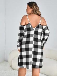 SHEIN LUNE Plus Buffalo Plaid Print Cold Shoulder Dress - Black and White - View 2