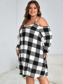 SHEIN LUNE Plus Buffalo Plaid Print Cold Shoulder Dress - Black and White - View 3