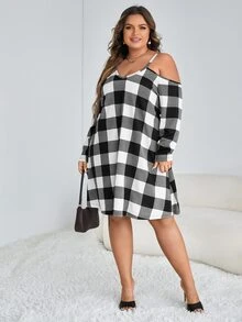 SHEIN LUNE Plus Buffalo Plaid Print Cold Shoulder Dress - Black and White - View 4
