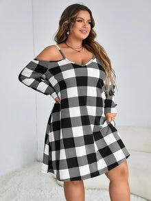 SHEIN LUNE Plus Buffalo Plaid Print Cold Shoulder Dress - Black and White - View 5