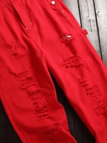 Manfinity Men Ripped Pocket Detail Denim Dungarees - Red - View 5