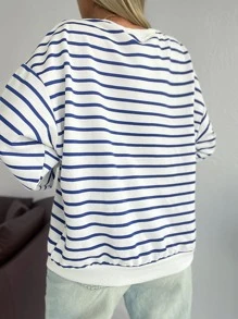 EURMUSE Striped Drop Shoulder Sweatshirt - Blue and White - View 2