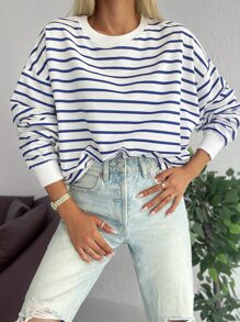 EURMUSE Striped Drop Shoulder Sweatshirt - Blue and White - View 3