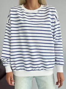 EURMUSE Striped Drop Shoulder Sweatshirt - Blue and White - View 4