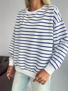EURMUSE Striped Drop Shoulder Sweatshirt - Blue and White - View 5