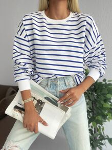 EURMUSE Striped Drop Shoulder Sweatshirt - Blue and White - View 7