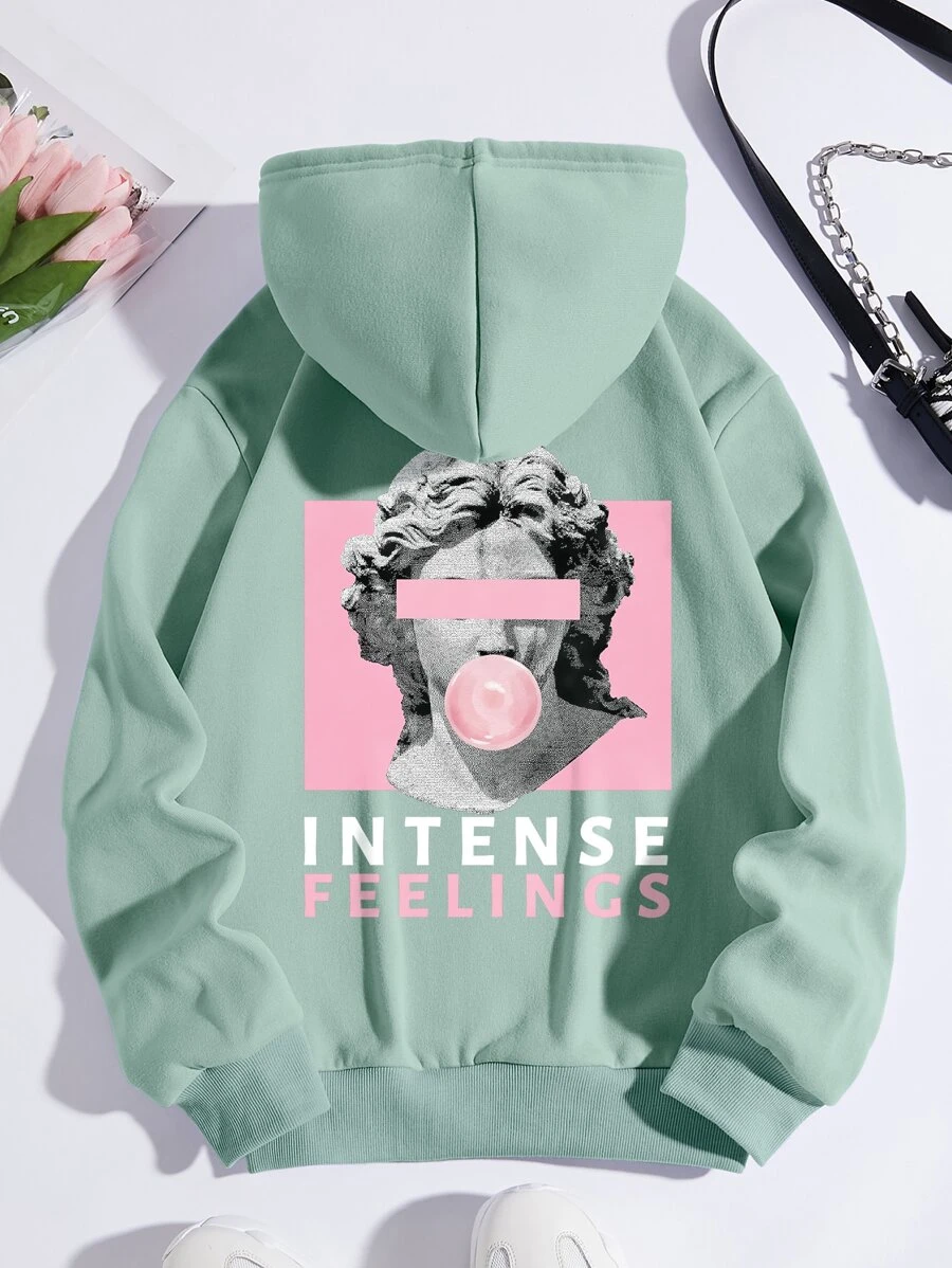 INAWLY 雕塑与字母图案袋鼠口袋抽绳保暖连帽衫、长袖上衣