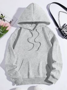 SHEIN EZwear 汽車和字母圖案抽繩加絨內裏連帽衫 - 灰色 - 查看 2