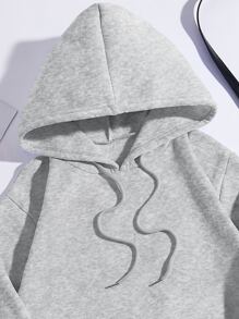 SHEIN EZwear 汽車和字母圖案抽繩加絨內裏連帽衫 - 灰色 - 查看 5