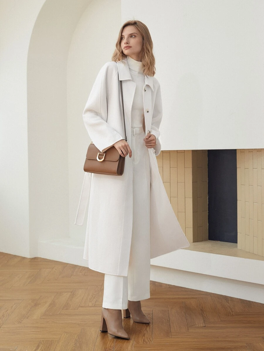 MOTF PREMIUM Abrigo mezcla de lana recto con cinturón - Blanco - Ver 1