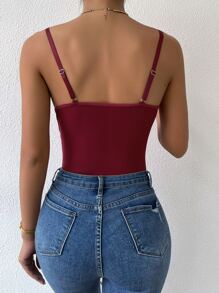 SHEIN Allurite Áo liền quần ôm nữ Tương phản ren Tương phản Mesh cắt màu trơn Gợi cảm - Màu Đỏ Sâu - Xem 2