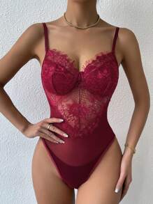 SHEIN Allurite Áo liền quần ôm nữ Tương phản ren Tương phản Mesh cắt màu trơn Gợi cảm - Màu Đỏ Sâu - Xem 3