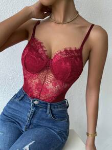 SHEIN Allurite Áo liền quần ôm nữ Tương phản ren Tương phản Mesh cắt màu trơn Gợi cảm - Màu Đỏ Sâu - Xem 4