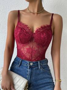 SHEIN Allurite Áo liền quần ôm nữ Tương phản ren Tương phản Mesh cắt màu trơn Gợi cảm - Màu Đỏ Sâu - Xem 5