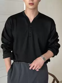 DAZY Hombres Camiseta de hombros caídos con botón - Negro - Ver 1