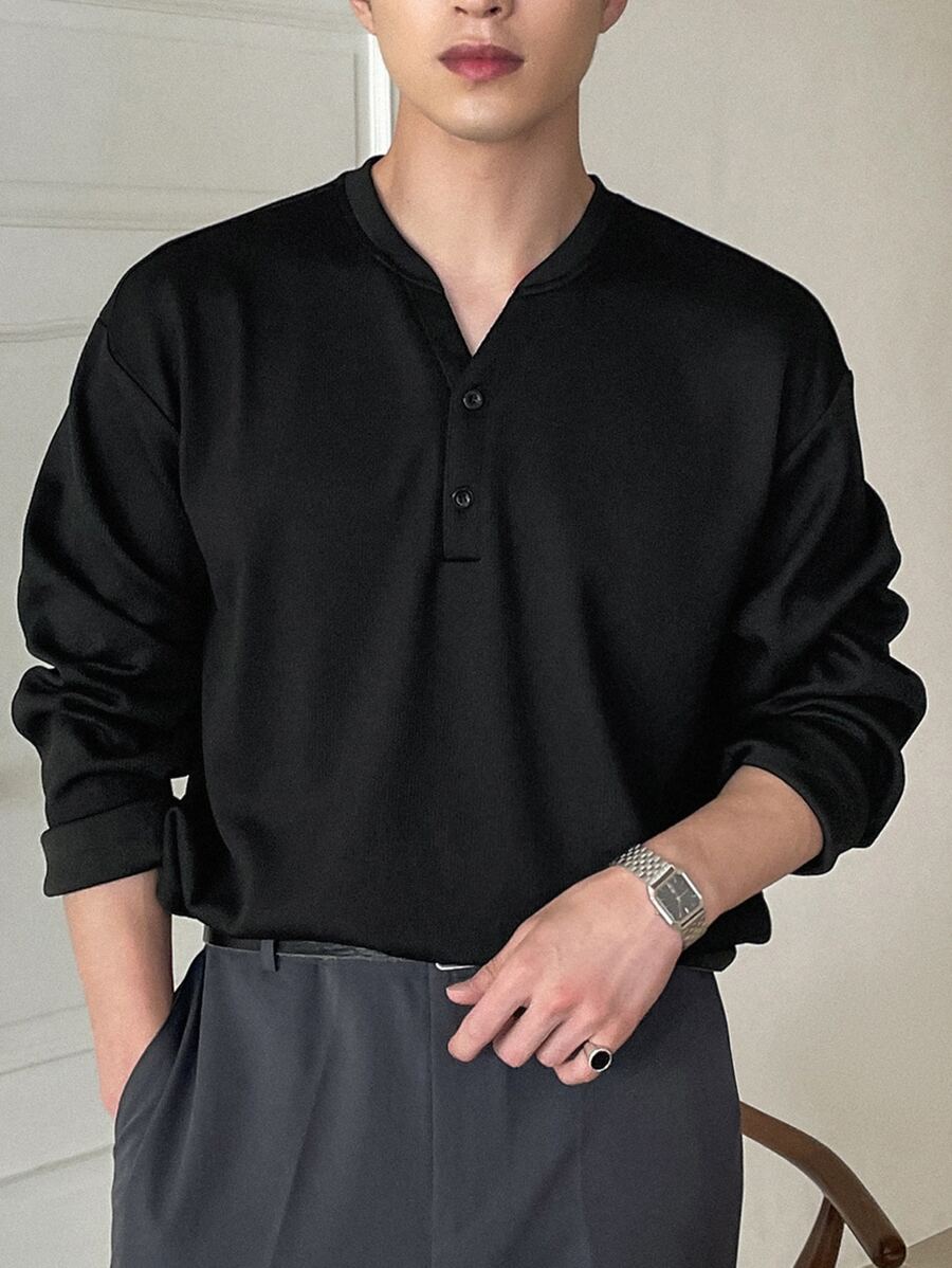 DAZY Hombres Camiseta de hombros caídos con botón - Negro - Ver 1