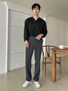 DAZY Hombres Camiseta de hombros caídos con botón - Negro - Ver 3