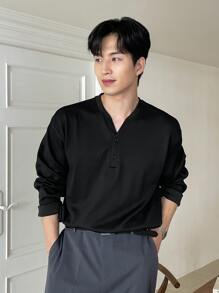 DAZY Hombres Camiseta de hombros caídos con botón - Negro - Ver 4