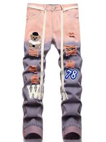 Men Ombre Letter & Cartoon Graphic Ripped Jeans With Belt - Multicolor - View 1