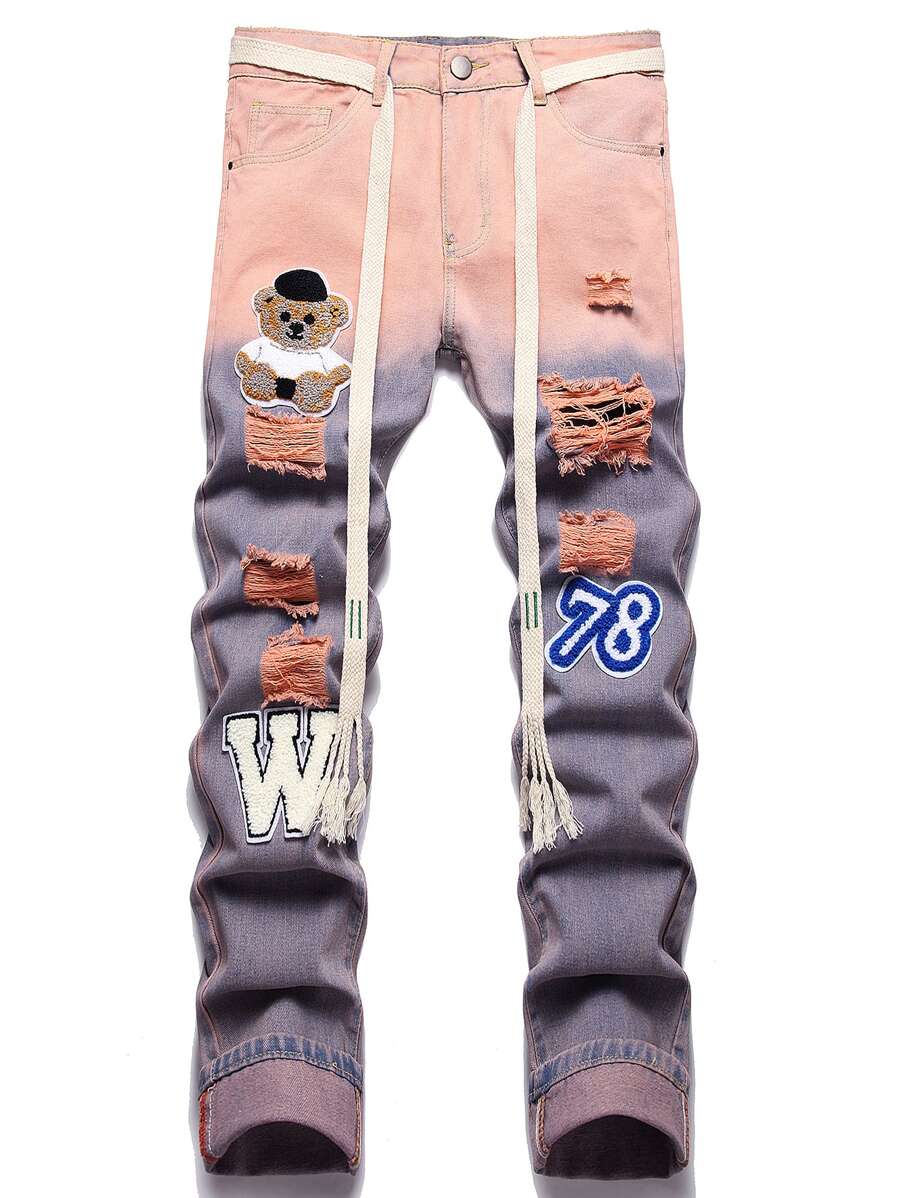 Men Ombre Letter & Cartoon Graphic Ripped Jeans With Belt - Multicolor - View 1