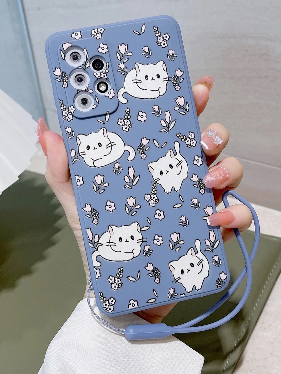 Funda de teléfono con estampado de gato de dibujos animados y cordón, versión internacional, no la versión nacional - Multicolor - Ver 1