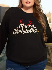 SHEIN CURVE+ Plus Christmas Pattern Jumper - Black - View 1