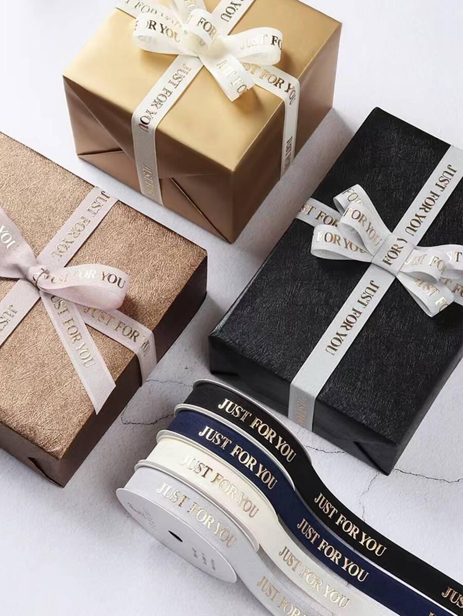 1 Roll Metallic Foil Letter Striped Ribbon, For Flower Gift Packing, Cake Wrapping Ribbon Bowknot, DIY Craft Satin Tape