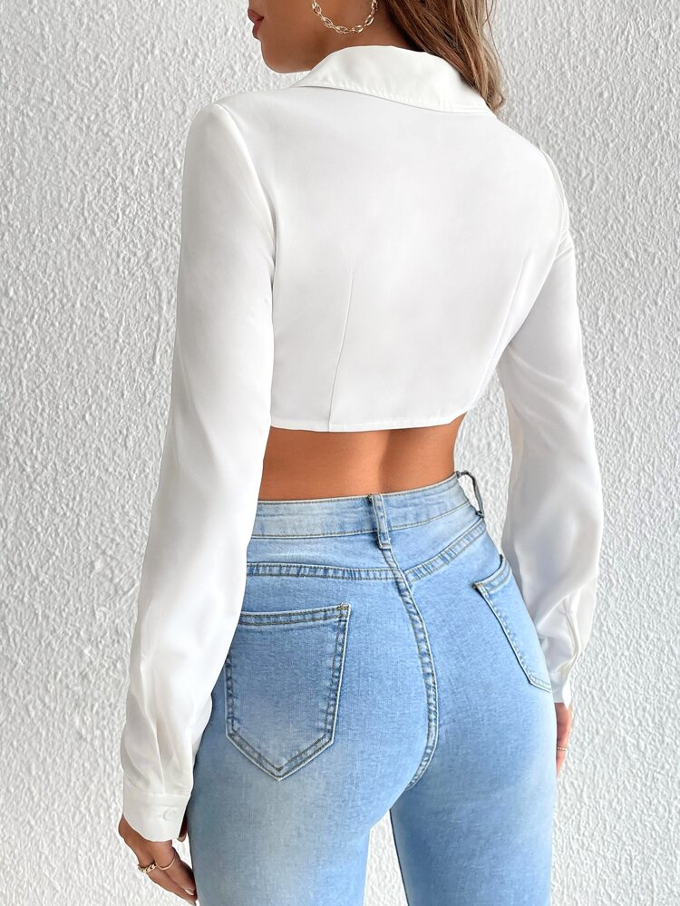 Asymmetrical Hem Crop Shirt,Long Sleeve Tops