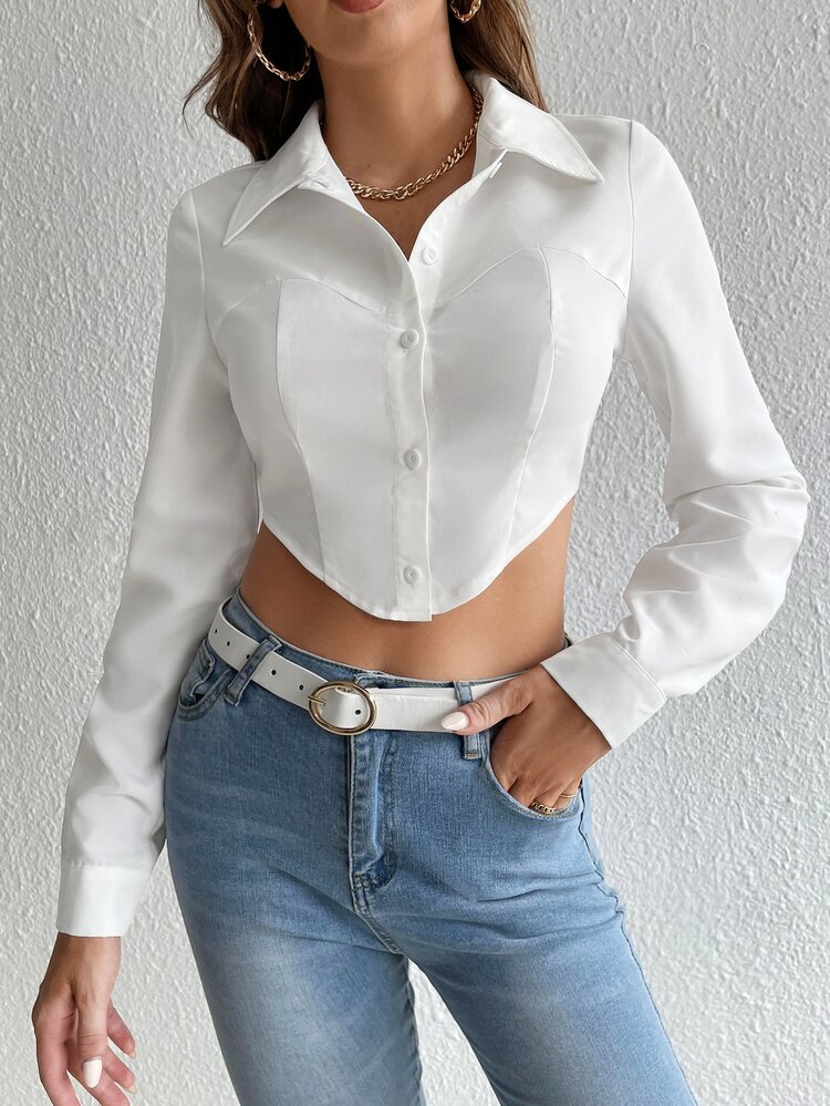 Asymmetrical Hem Crop Shirt,Long Sleeve Tops