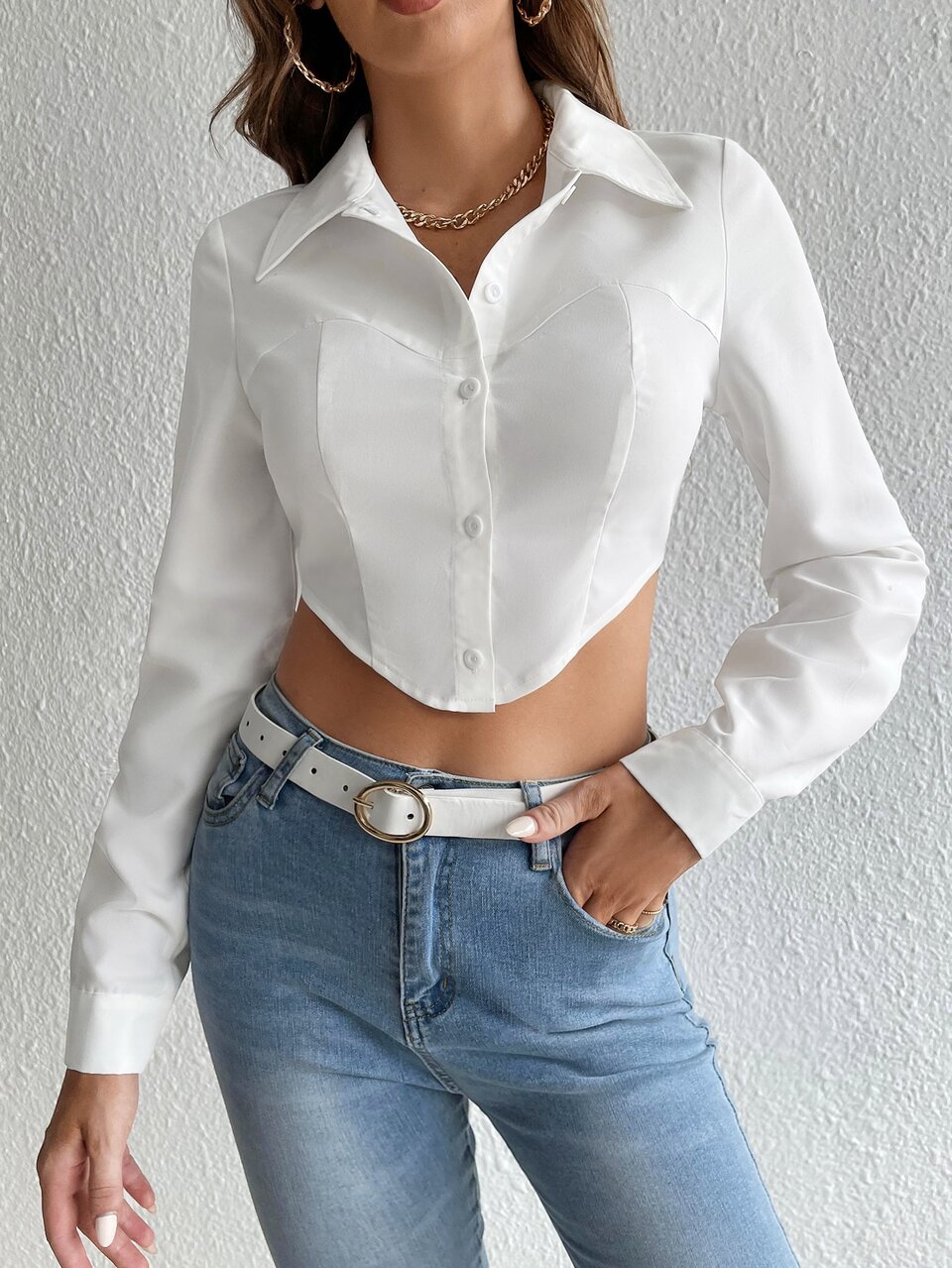 Asymmetrical Hem Crop Shirt,Long Sleeve Tops, Tall Women