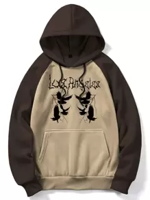 ROMWE MEN Goth Men Colorblock Pigeon Graphic Kangaroo Pocket Drawstring Hoodie - Multicolor - View 1