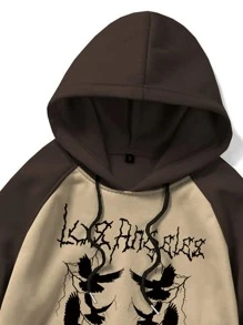ROMWE MEN Goth Men Colorblock Pigeon Graphic Kangaroo Pocket Drawstring Hoodie - Multicolor - View 4