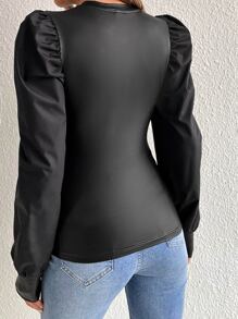 SHEIN Tall Puff Sleeve PU Leather Top - Black - View 2