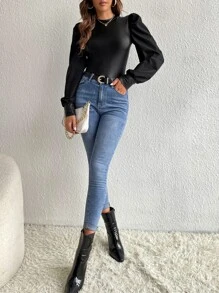 SHEIN Tall Puff Sleeve PU Leather Top - Black - View 4